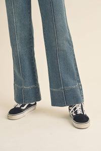 P3141   PLEAT DETAIL WIDE HEM DENIM PANTS: DENIM / L