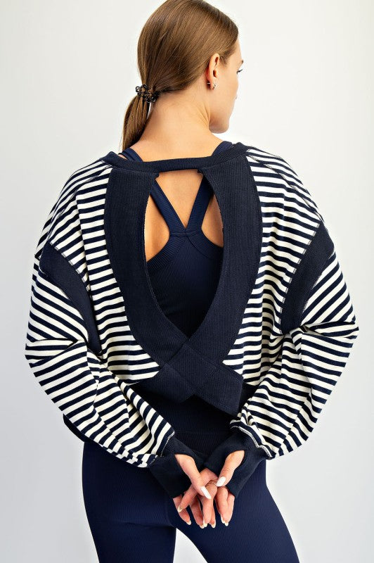 Striped Open Back Long Sleeve Top