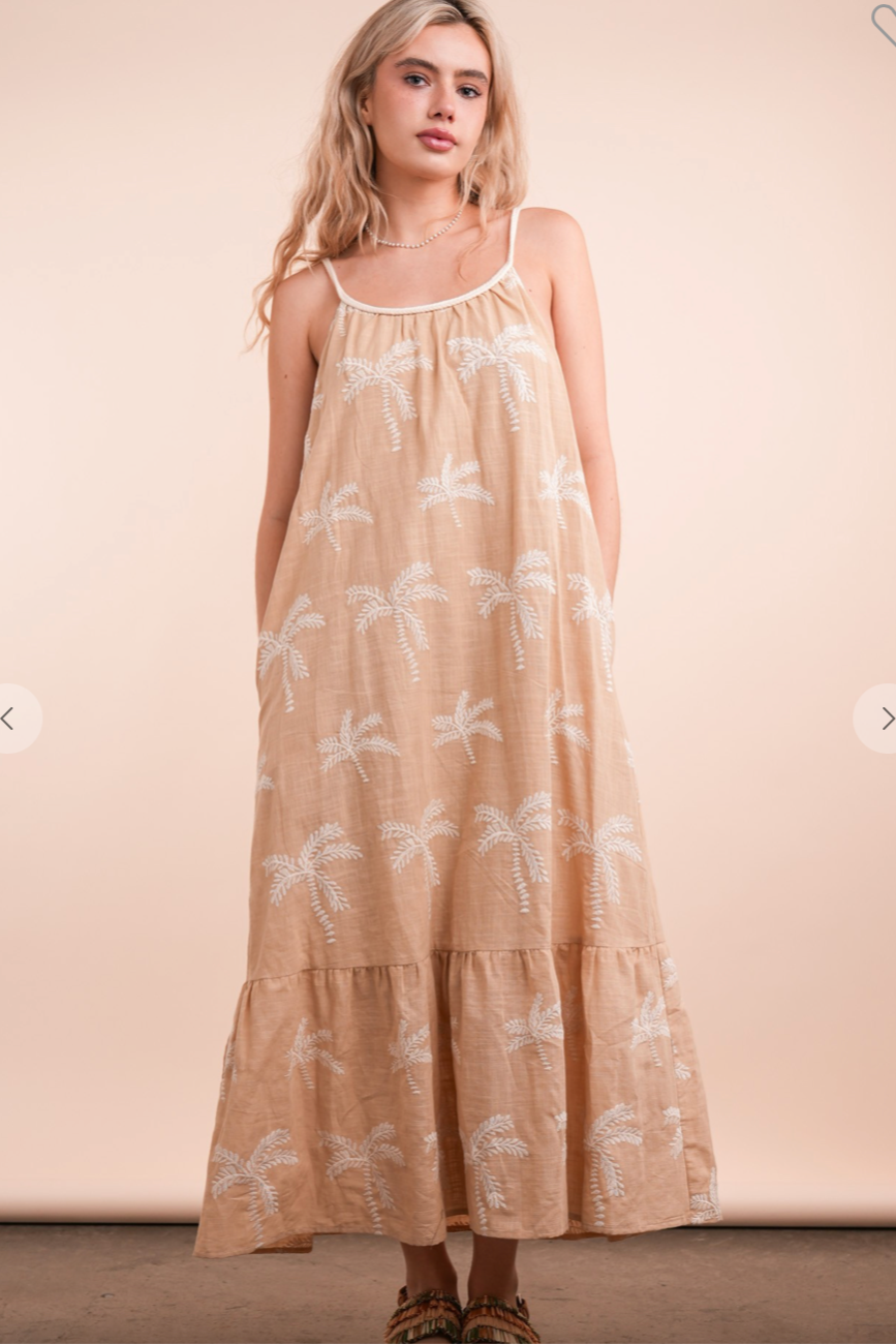 Palm Embroidered Midi Dress