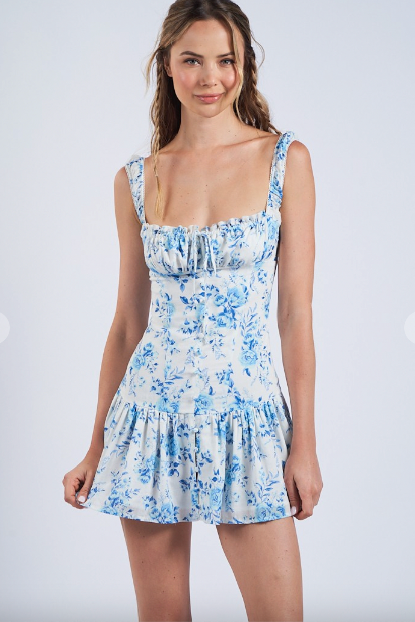 Blue Floral Mini Flare Dress