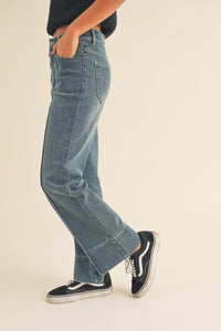 P3141   PLEAT DETAIL WIDE HEM DENIM PANTS: DENIM / L